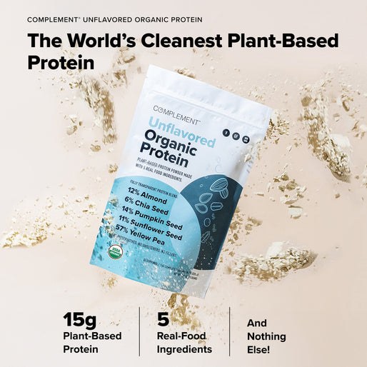 A bag of Complement COMPLEMENT® Strongevity Stack is shown on a light surface with powder scattered around, highlighting its plant-based formula, minimal ingredients, and rich nutrition.
