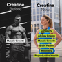 Split image showing a muscular man lifting weights under the title ‘Creatine Before’ with the label ‘Muscle Growth’, and a smiling athletic woman outdoors under ‘Creatine Now’ with labels for longevity, all-day energy, muscle growth, brain health, recovery, and reproductive health.