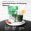A bag of COMPLEMENT® Energy Stack by Complement stands next to a glass of green drink with a lemon slice. Apple slices are on the plate. Text highlights Superfood Greens, key ingredients, and benefits like zero added sugars.