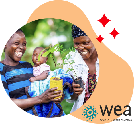 Two women smiling while holding small potted plants, one carrying a baby wrapped in a blue blanket. The image features a Womens Earth Alliance logo in the corner.