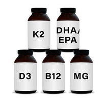 Five brown supplement bottles with white labels. The labels read: K2, DHA EPA, D3, B12, and MG. The bottles are arranged with two at the top and three below.