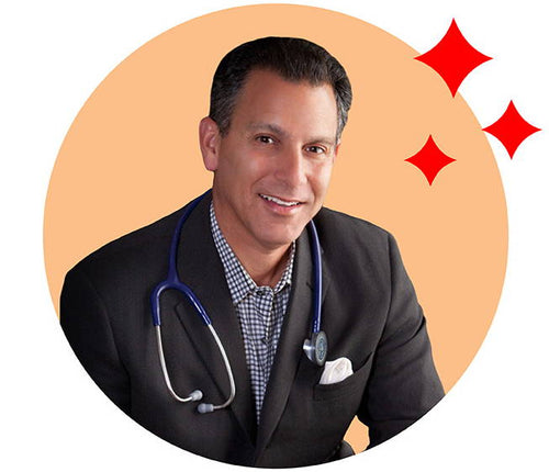A smiling man with dark hair, wearing a dark suit and checkered shirt, has a stethoscope around his neck. Three red sparkles are on the upper right. The background is an orange circle.