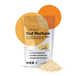 A package of Complement Gut Nurture, a dietary supplement with prebiotic and postbiotic ingredients, featuring a design with ginger and lemon graphics. The powdered supplement is shown beside the bag.