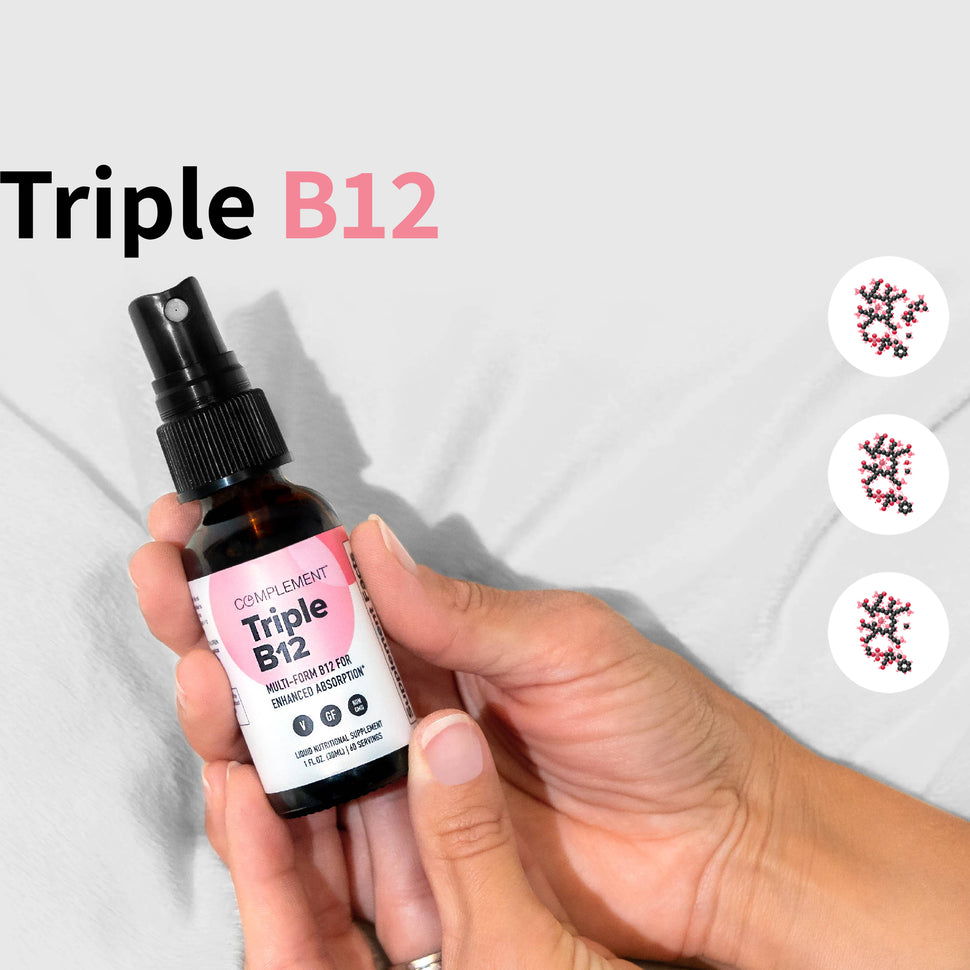 A hand holding a bottle of Triple B12 spray with a pink label. The background features the text Triple B12 and three stylized molecular structures aligned vertically on the right.