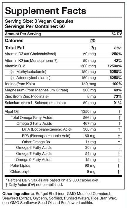 Supplement facts panel showing nutrients for 3 vegan capsules. Lists calories, total fat, vitamins D3, K2, B12, magnesium, zinc, selenium, omega fatty acids, and chlorophyll with amounts and daily value percentages. Includes information on other ingredients.