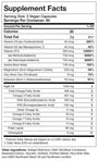 Supplement facts panel showing nutrients for 3 vegan capsules. Lists calories, total fat, vitamins D3, K2, B12, magnesium, zinc, selenium, omega fatty acids, and chlorophyll with amounts and daily value percentages. Includes information on other ingredients.