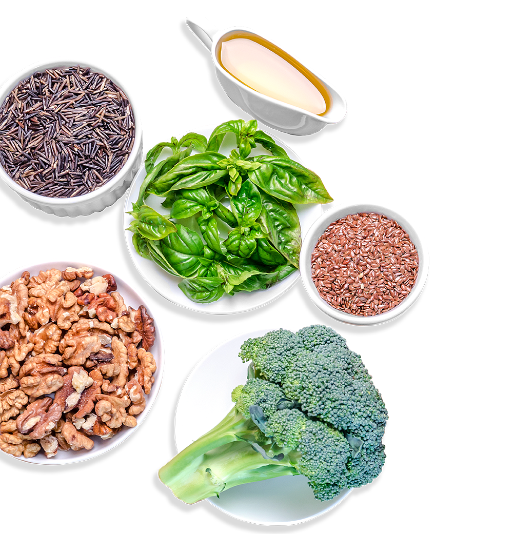 An arrangement of healthy foods on white bowls and plates: wild rice, olive oil, fresh basil leaves, flaxseeds, walnuts, and a broccoli head.