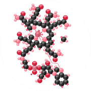 A complex molecular structure with a network of black and red spheres connected by lines, representing atoms and bonds in a chemical compound.