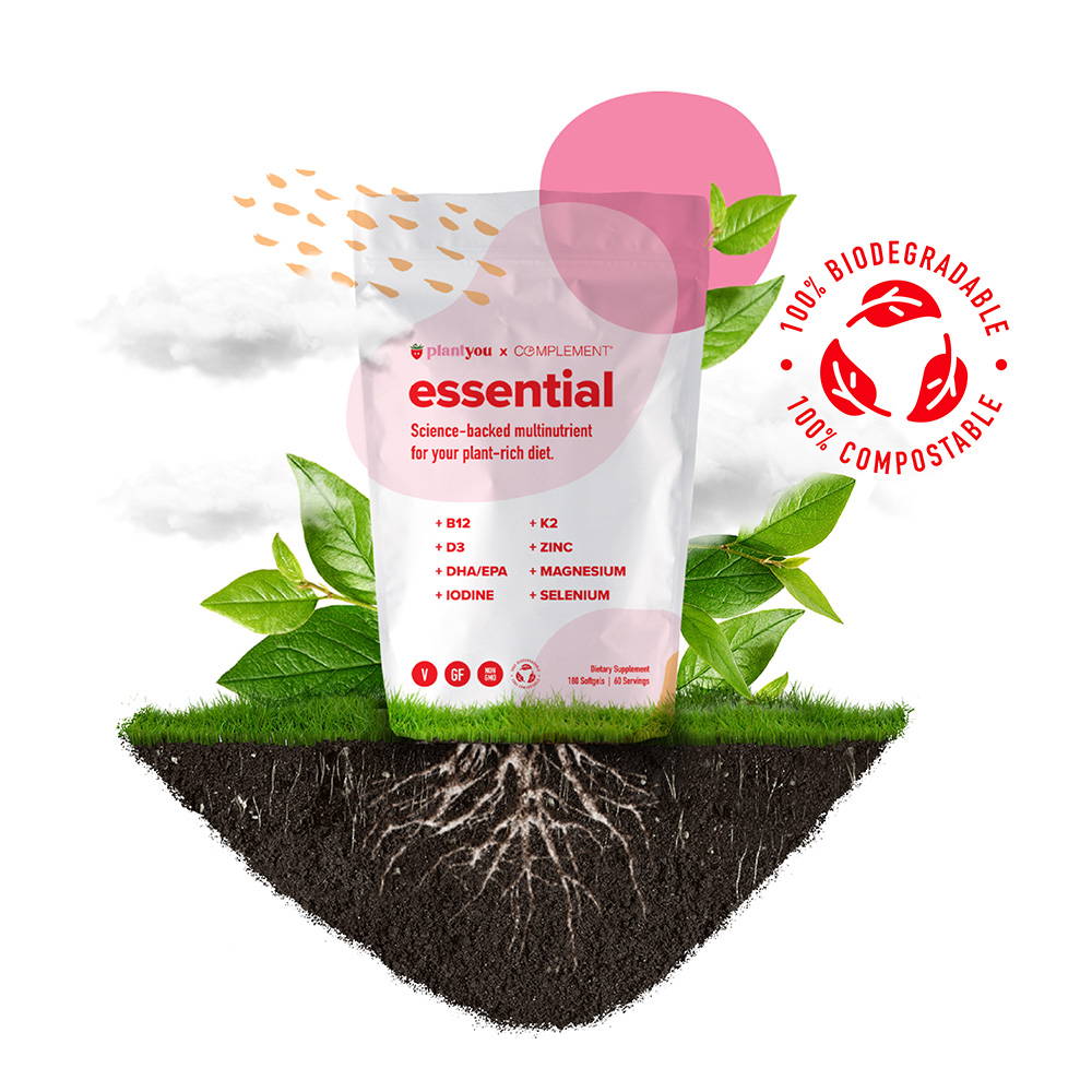 A multinutrient supplement package labeled essential for a plant-rich diet is surrounded by leaves and roots. Text highlights ingredients like B12, D3, DHA+EPA, and minerals. It features 100% biodegradable and 100% compostable badges.