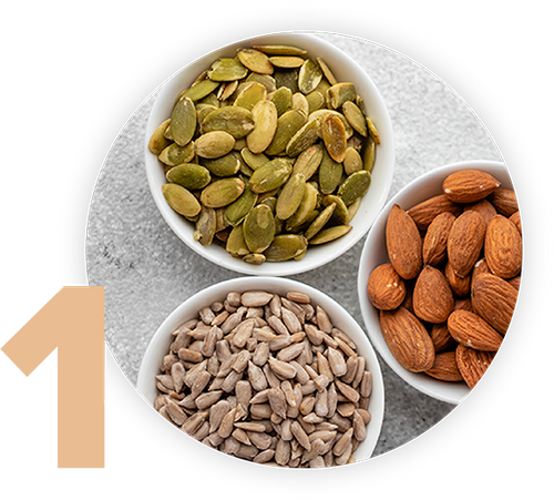 A top view of three small white bowls filled with seeds and nuts on a gray background. The bowls contain pumpkin seeds, almonds, and sunflower seeds. A large number 1 is seen on the left side of the image.
