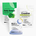 Complement’s COMPLEMENT® Energy Stack includes three supplement packages: Daily Green 5 (green and white, featuring nutrient-rich greens), Creatine (white, supports energy and brain health), and Restore (white/purple).