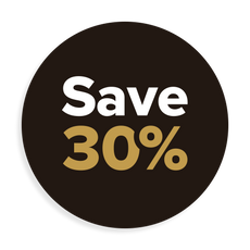 Black circle with the words Save 30% in bold white and gold text.