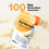 A packet of Complement Gut Nurture supplement is displayed on a white background with powder scattered around it. Text reads 100 Day Money-Back Guarantee. The packet highlights benefits like digestion, absorption, and diversity.