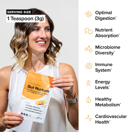A smiling woman with shoulder-length hair holds a packet labeled “Gut Nurture.” Next to her, icons and text list benefits: optimal digestion, nutrient absorption, microbiome diversity, immune system, energy, metabolism, and heart health.