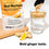 A packet of Complement Gut Nurture powder stands next to a glass of water as powder is poured in. Fresh ginger and a lemon wedge rest on a wooden board. Text reads: Bold ginger taste.