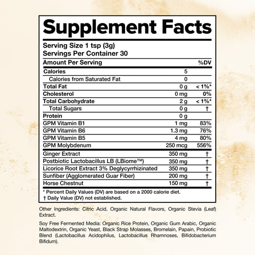 Supplement Facts label showing nutrition information per 1 tsp serving. Includes vitamins B1, B5, molybdenum, probiotics, and other ingredients like ginger, horseradish, and horse chestnut. Ingredient list at bottom.