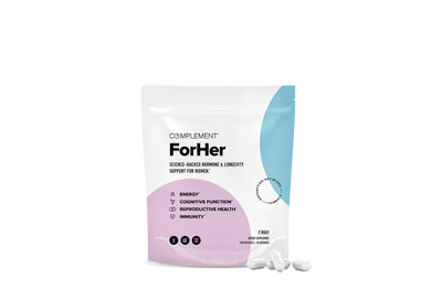 A white and pastel pink and blue package labeled Complement ForHer with icons for energy, cognitive function, reproductive health, and immunity support. Three white capsules are displayed in front of the package.