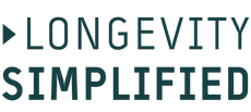 Text logo with the words “Longevity Simplified” in bold, uppercase letters. The word Longevity is above and Simplified is below, with a right-facing triangle to the left of the word Longevity.
