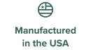 A circular icon resembling the US flag above the text Manufactured in the USA on a light background.
