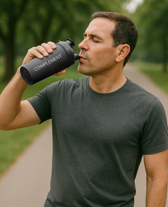 A man in a dark gray t-shirt drinks from a black shaker bottle labeled COMPLEMENT while standing on a tree-lined path in a park.