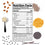 Nutrition facts label for a plant-based protein powder surrounded by raw ingredients including almonds, sunflower seeds, pumpkin seeds, chia seeds, yellow split peas, and a scoop of protein powder.