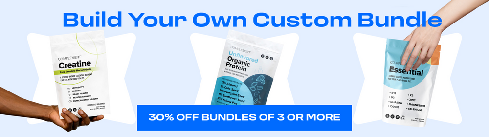 Three supplement packages are displayed. From left to right: Creatine, Organic Protein, and Essential. A 30% off message for bundles of 3 or more is shown on a blue banner below. Hands hold two of the packages. The text reads Build Your Own Custom Bundle.