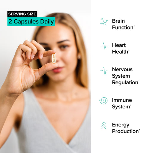 A woman holds up a capsule. Text on the right lists benefits: Brain Function, Heart Health, Nervous System Regulation, Immune System, and Energy Production. A label at the top reads Serving Size: 2 Capsules Daily.