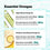 Infographic titled Essential Omegas with two sections: Algae-Based Omega-3s (DHA 480mg, EPA 226mg) for brain and heart health, and Ahiflower Seed-Based Omega-3s (ALA 166mg, SDA 70mg) for immune and heart health.
