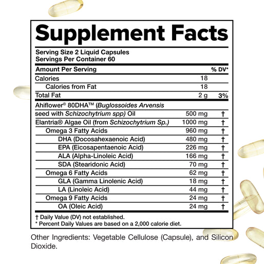 Supplement Facts label for liquid capsules, listing serving size, ingredients, and amounts of Omega-3 and Omega-6 fatty acids. Capsules are visible on the margins.