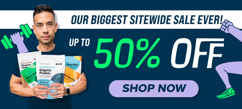 A man holding protein powder bags stands next to a sign that reads, Our biggest sitewide sale ever! Up to 50% off. A shopping icon and a green dumbbell are also visible. Button text: Shop Now. The background is dark blue.