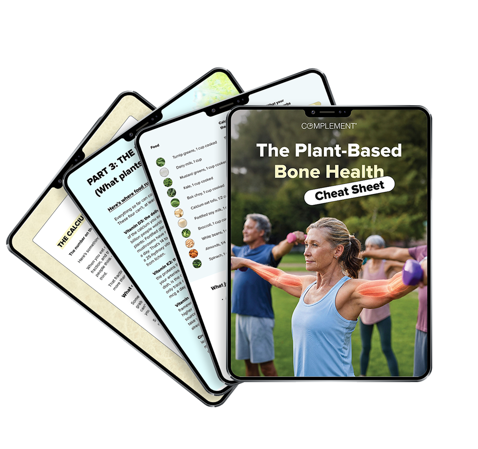 Four tablet devices angled to show pages from a Plant-Based Bone Health Cheat Sheet guide, featuring lists of calcium-rich foods and a cover image of a woman doing arm exercises.
