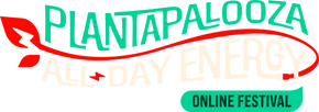 Logo for Plantapalooza Online Festival featuring the text All-Day Energy with a stylized green and red leaf.