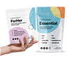 A hand holds up two supplement packages labeled “ForHer” and “Essential” from Complement, each listing vitamins and minerals included in the products. The packaging features modern, colorful designs.