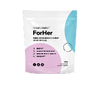 A white pouch labeled ForHer with light blue and pink shapes, black text, and icons, promoting a collagen supplement for women. The package appears modern and minimalistic.