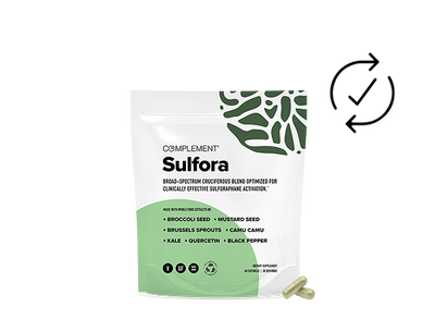A white and green pouch labeled Complement Sulfora with capsules beside it. The packaging lists ingredients, including broccoli seed, mustard seed, brussels sprouts, camu camu, kale, quercetin, and black pepper.