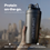 A hand holds a black Complement protein shaker bottle outdoors with a blurred city skyline in the background. Text highlights features: 600ml/20 fl. oz., stainless steel, and leak proof guarantee.