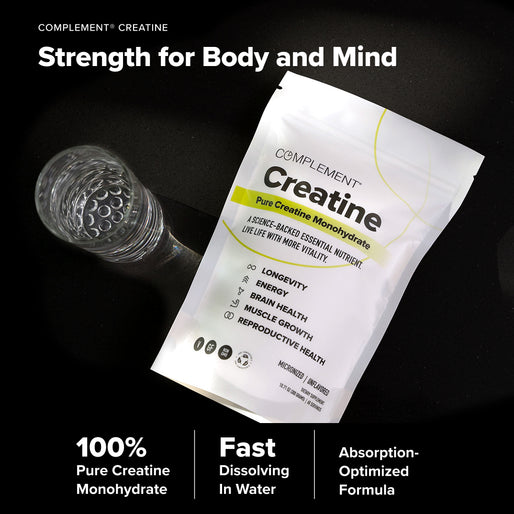 A packet of Complement® Energy Stack rests beside a clear glass with powder on a black background. Text highlights its benefits, purity, fast-dissolving nature, and absorption-optimized formula from Complement.
