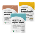 Three packets of C3MPLEMENT Organic Protein powder in chocolate, vanilla, and unflavored varieties, each labeled with key ingredients and certifications, arranged overlapping on a light background.