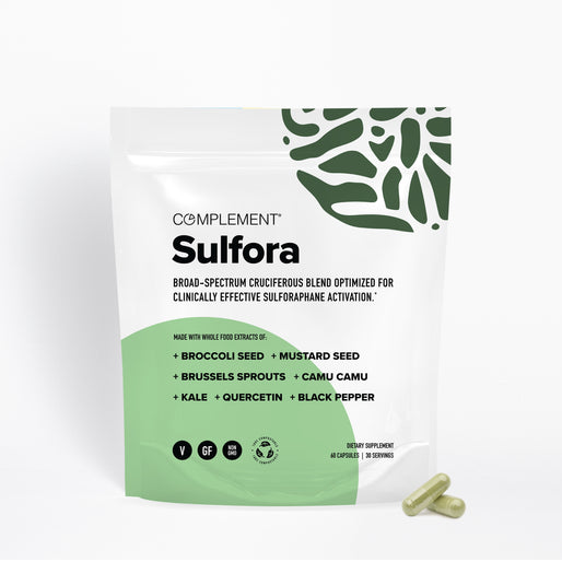 Complement Sulfora supplement pouch with ingredient list including broccoli seed, mustard seed, Brussels sprouts, kale, camu camu, quercetin, and black pepper.