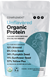 A bag of Complement Unflavored Organic Protein powder, highlighting it is plant-based and made with almond, chia seed, pumpkin seed, sunflower seed, and yellow pea. The packaging also notes it is vegan and gluten-free.