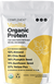 A yellow and white bag of Complement Vanilla Organic Protein powder, highlighting its plant-based ingredients: 12% almond, 6% chia seed, 14% pumpkin seed, 11% sunflower seed, and 57% yellow pea.
