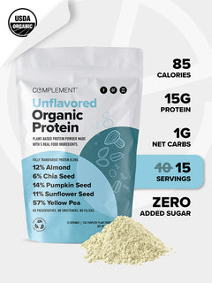 Photo of Unflavored Organic Protein, with text saying. 85 calories, 15g protein, 1g net carbs, 15 servings and zero added sugar.
