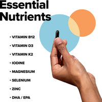 Hand holding Complement Essential vegan multivitamin capsule with list of nutrients next to it: Vitamin b12, vitamin d3, vitamin k2, iodine, magnesium, selenium, zinc and dha epa omega-3s.