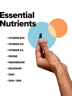 Hand holding Complement Essential vegan multivitamin capsule with list of nutrients next to it: Vitamin b12, vitamin d3, vitamin k2, iodine, magnesium, selenium, zinc and dha epa omega-3s.