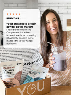 Young woman with a shake and a complement box with two pouches of protein, there is a quota: 