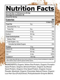 Nutritional Facts for Chocolate Protein: Ingredients: Organic yellow pea protein, organic pumpkin seed protein, organic almond protein, organic,sunflower seed protein,organic chia seed protein, organic cocoa, powder alkalized, organic chocolate natural flavor, organic luo han guo (fruit) extract, prohydrlasetm enyzme blend.