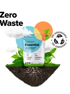 Photo of Complement Essential vegan multivitamin pouch growing into the ground to illustrate that the pouch is 100% biodegradable and compostable. There is also big text that says ZERO WASTE.