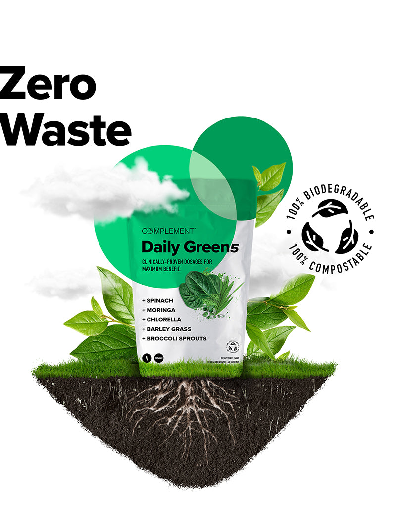 Complement Daily Greens pouch growing into the ground to signify it's compostable and biodegradable properties.