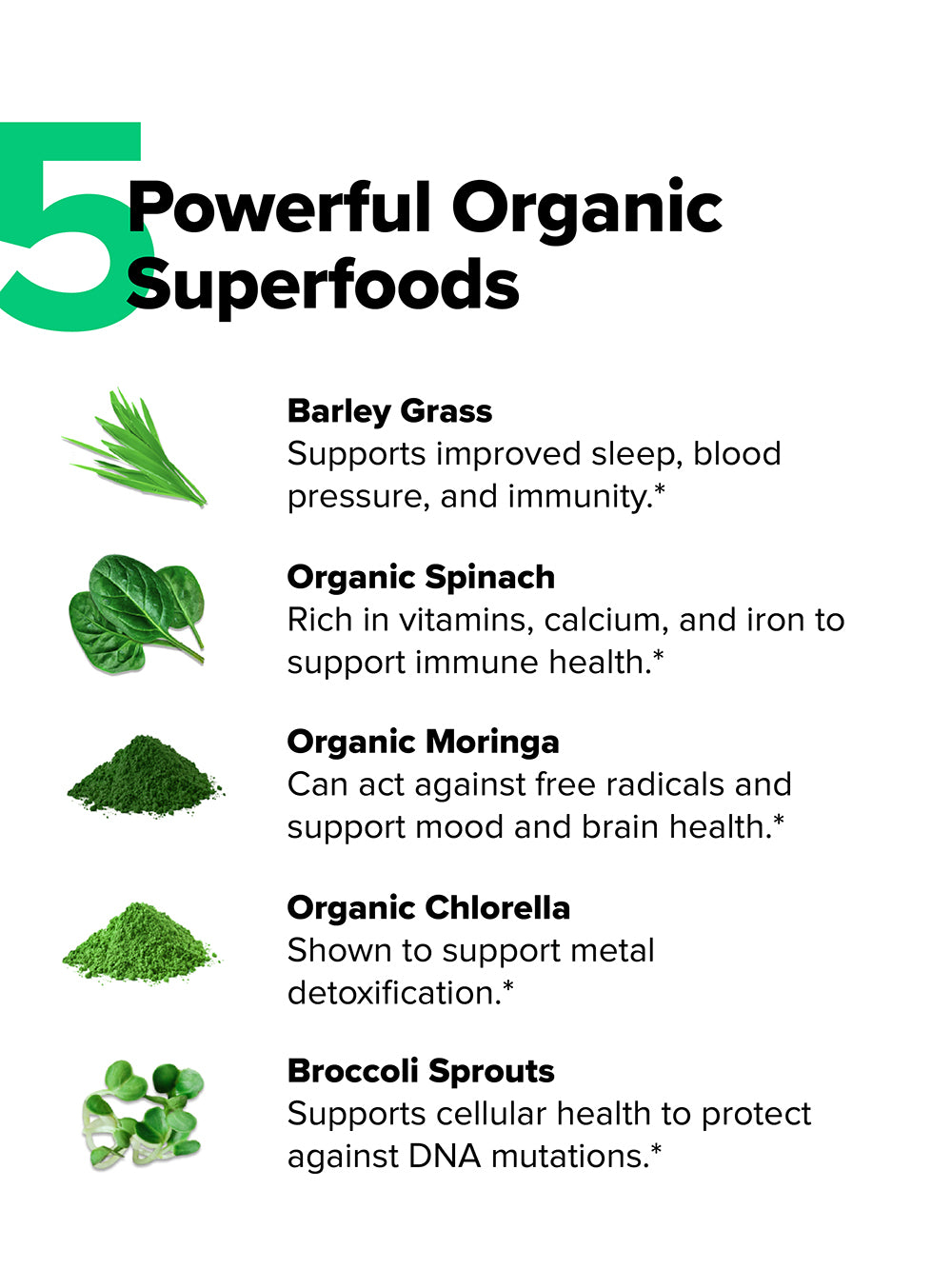 5 powerful organic superfoods. Barley grass, organic spinach, organic moringa, organic chlorella, broccoli sprouts