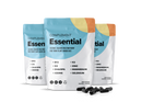 Three pouches of Complement Essential multinutrient supplements are displayed, featuring vitamins B12, D3, K2, DHA/EPA, and minerals iodine, zinc, magnesium, and selenium. Several black capsules are positioned in front of the pouches.